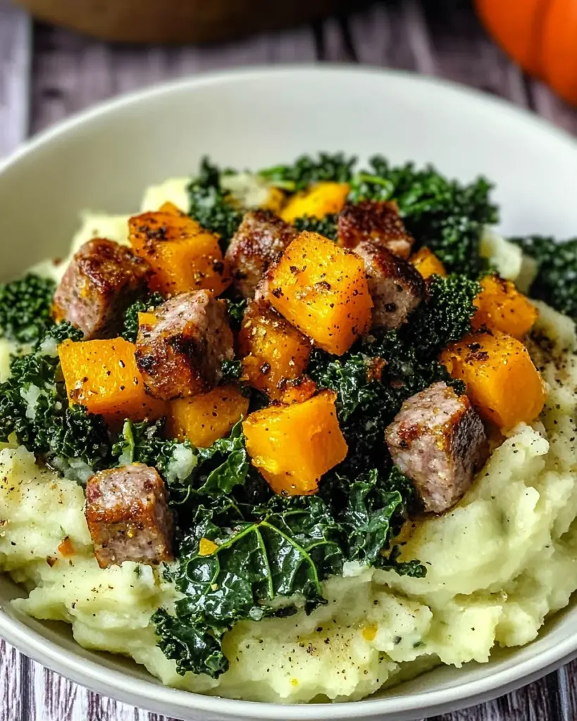 Kartoffelbrei mit Grünkohl, Kürbis und Bergwurst – Comfort Food für kalte Tag 🍲❄️