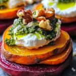 Sweet Potato & Beet Stacks with Pesto, Burrata & Walnuts