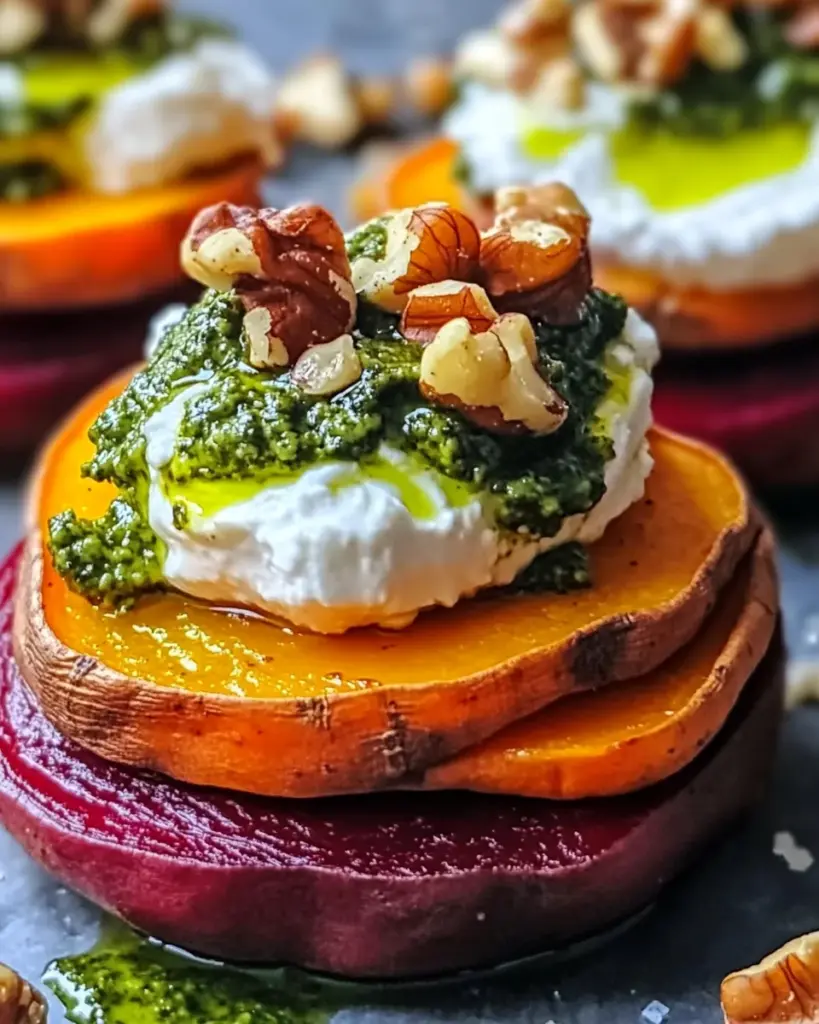 Sweet Potato & Beet Stacks with Pesto, Burrata & Walnuts